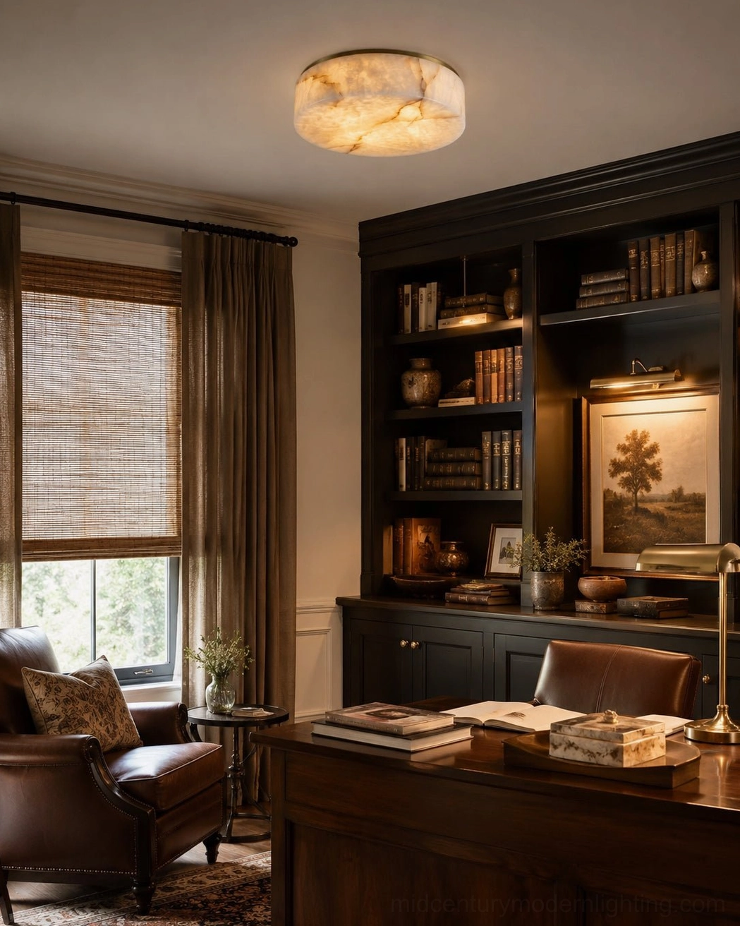 Modern alabaster flush mount fixture providing diffused illumination in traditional study room with dark wood bookshelves