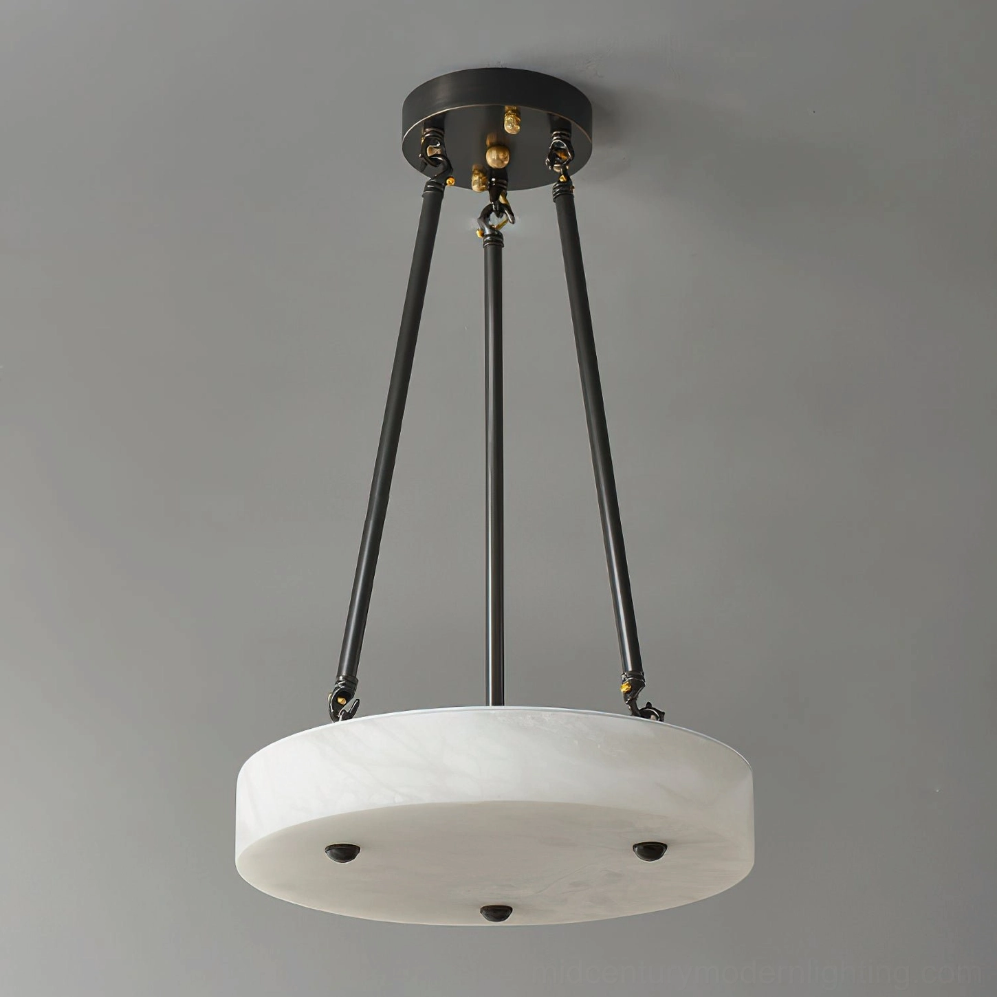 Mid-century modern alabaster pendant with matte black metal frame, unlit detail shot