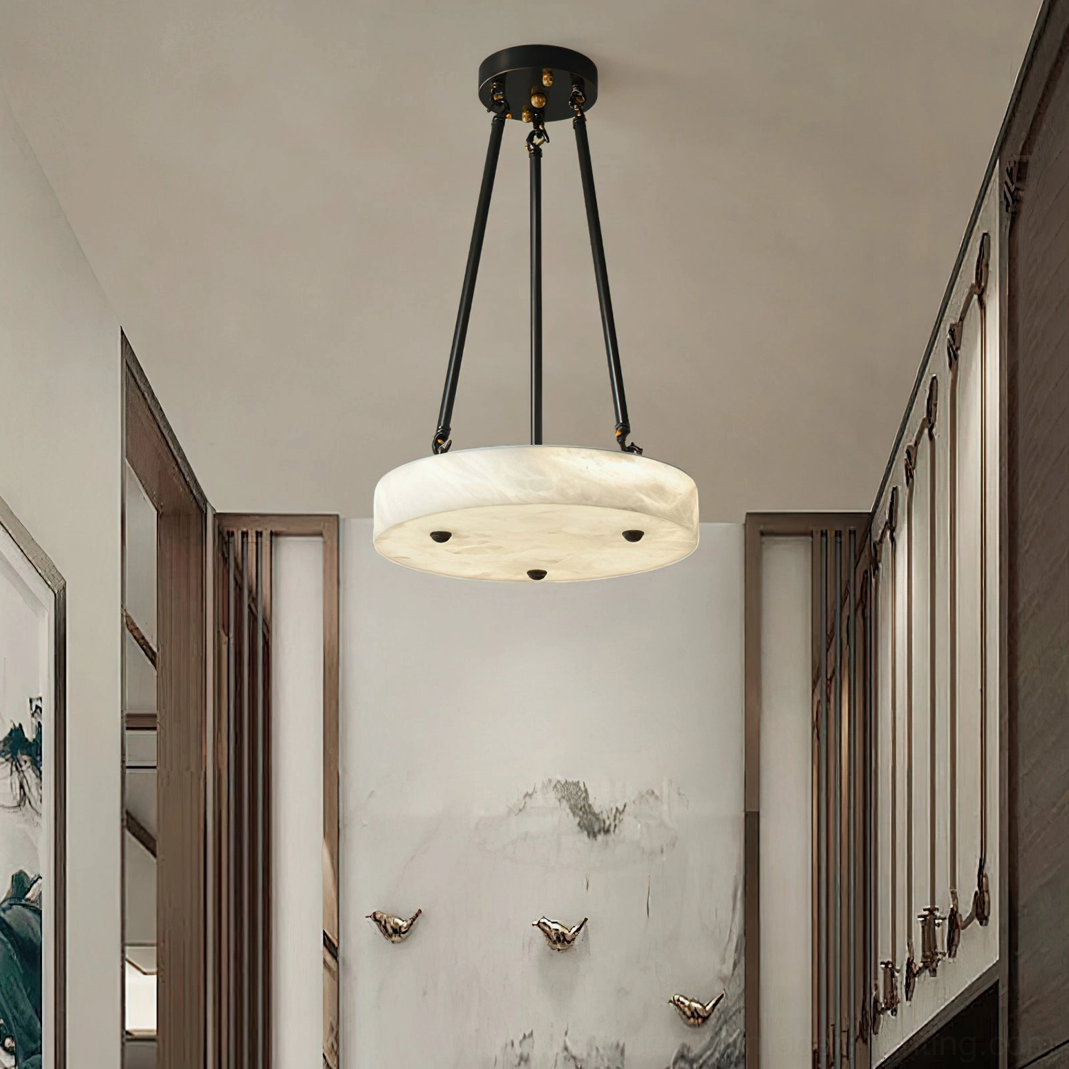 Alabaster tripod ceiling light in luxury oriental style corridor with minimalist design