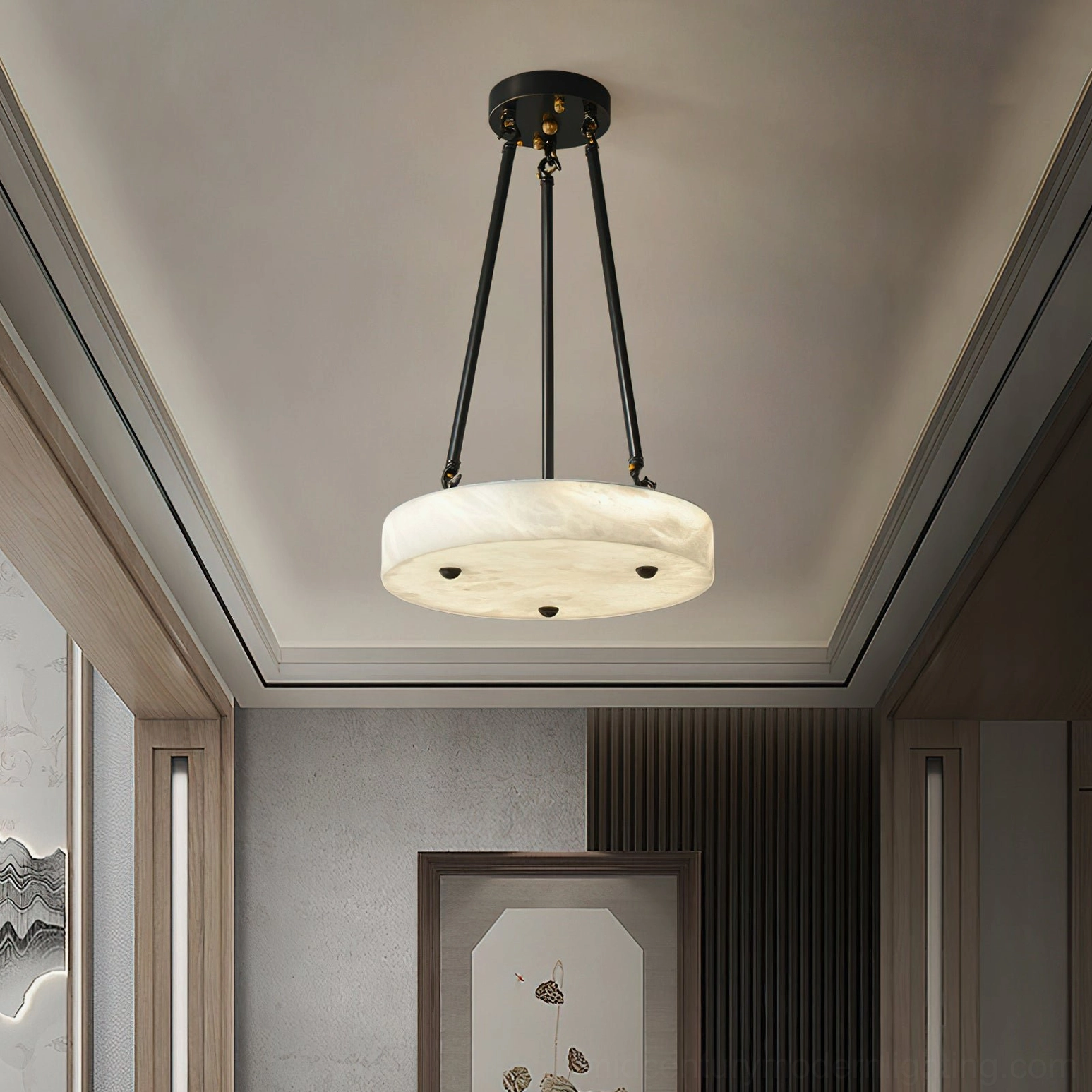 Alabaster drum pendant hanging in modern Chinese foyer interior design setting