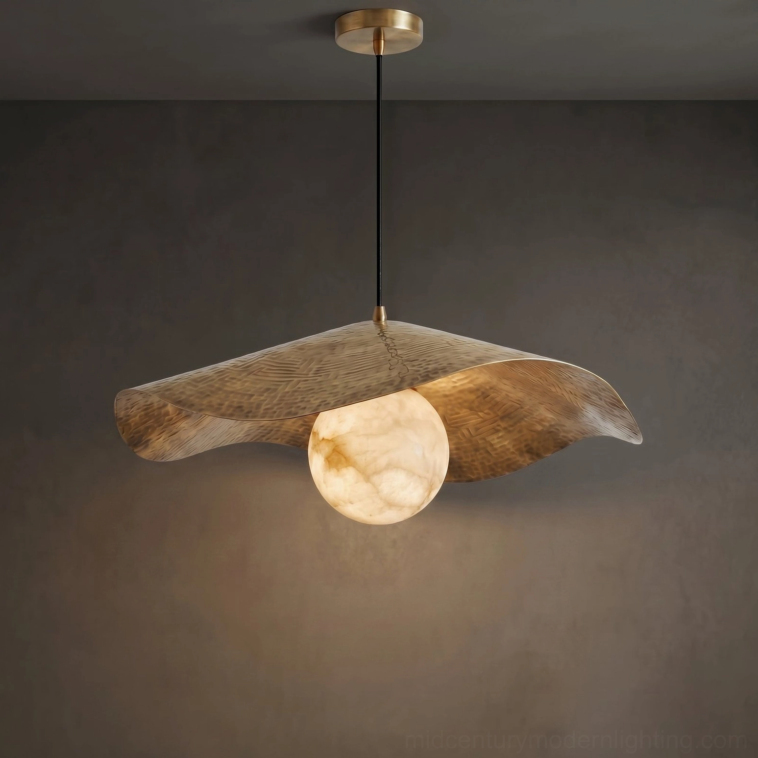Close-up detailed view of wabi-sabi alabaster pendant globe showing natural stone texture and veining on dark background