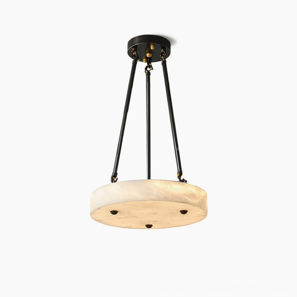 Alabaster tripod pendant lamp with brass frame, front-top studio view showing geometric design