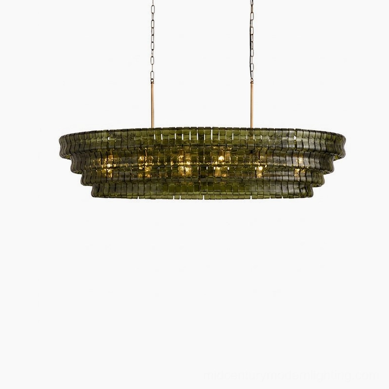 Albano chandelier in deep smoked amber glass finish, atmospheric lighting from hand-assembled louvers