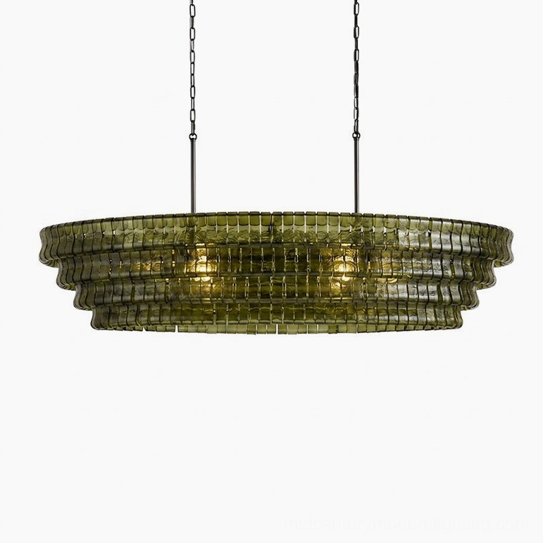 Albano chandelier in emerald green glass with gold metalwork, jewel-tone and brass combination