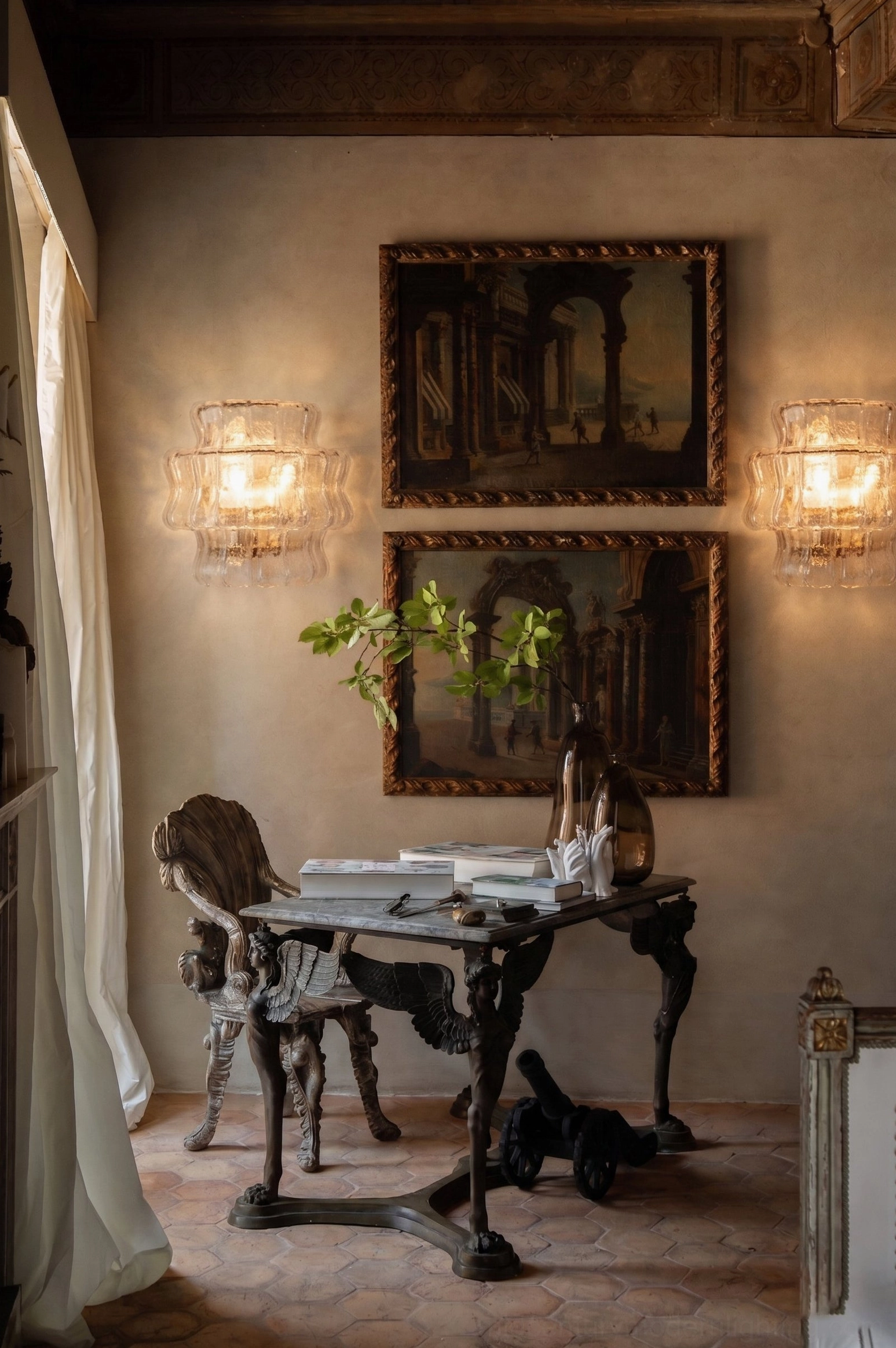 Paired Albano wall sconces in vintage study room with antique furniture and classic decor