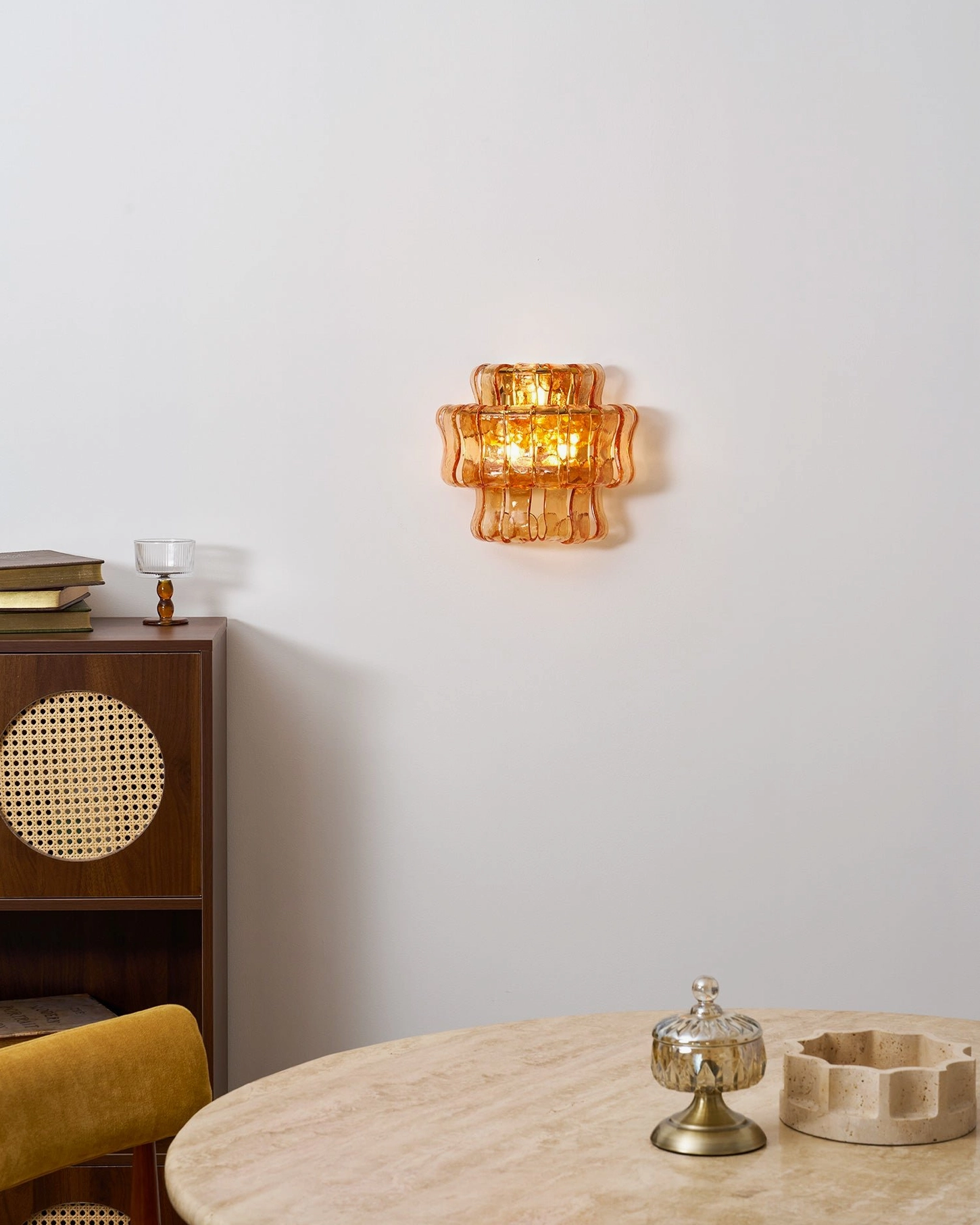 Albano mid-century modern wall sconce product shot showing ribbed glass and metal banding