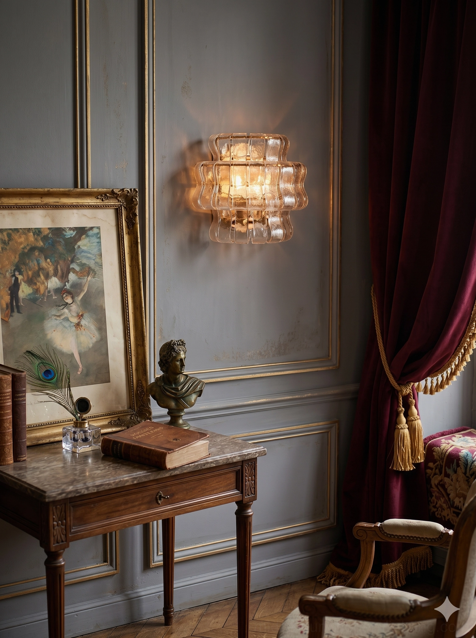 Albano ribbed glass sconce in French vintage sitting room with carved side table and paneling