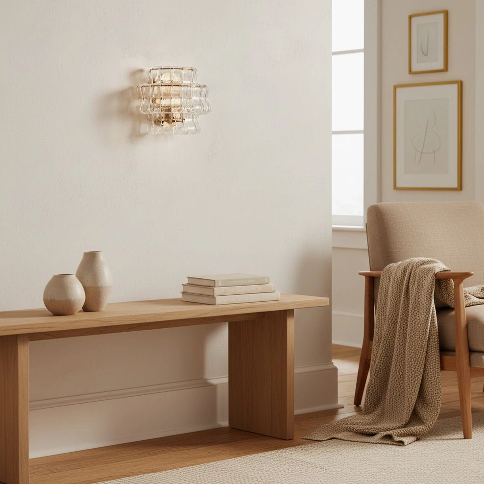 Albano mid-century modern sconce in minimalist Nordic entryway with light wood console table