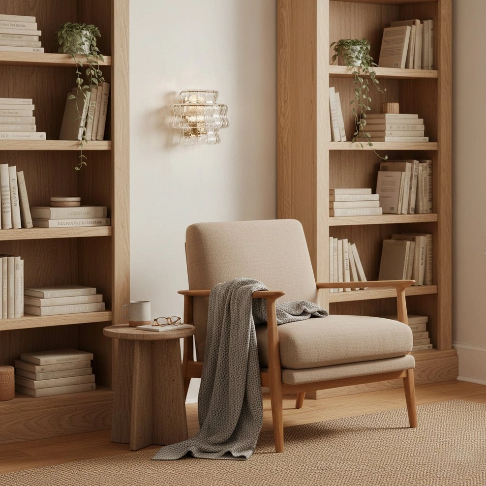 Albano wall sconce illuminating home library reading nook with wooden bookshelves