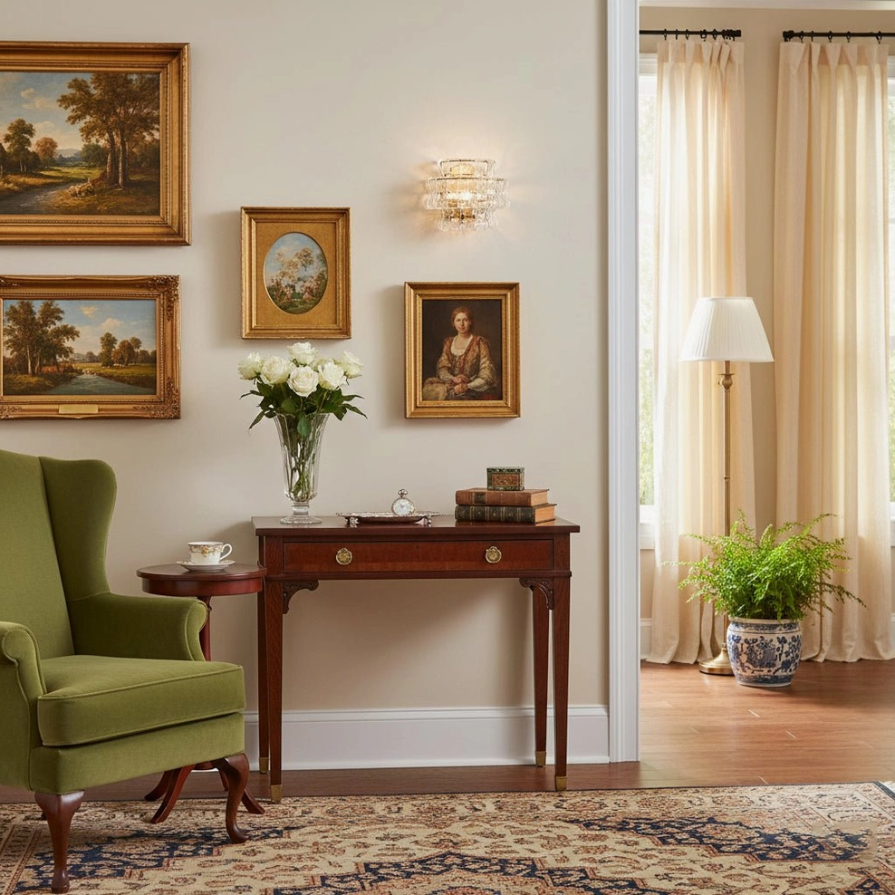 Albano wall sconce in British vintage living room with green velvet armchair and framed art