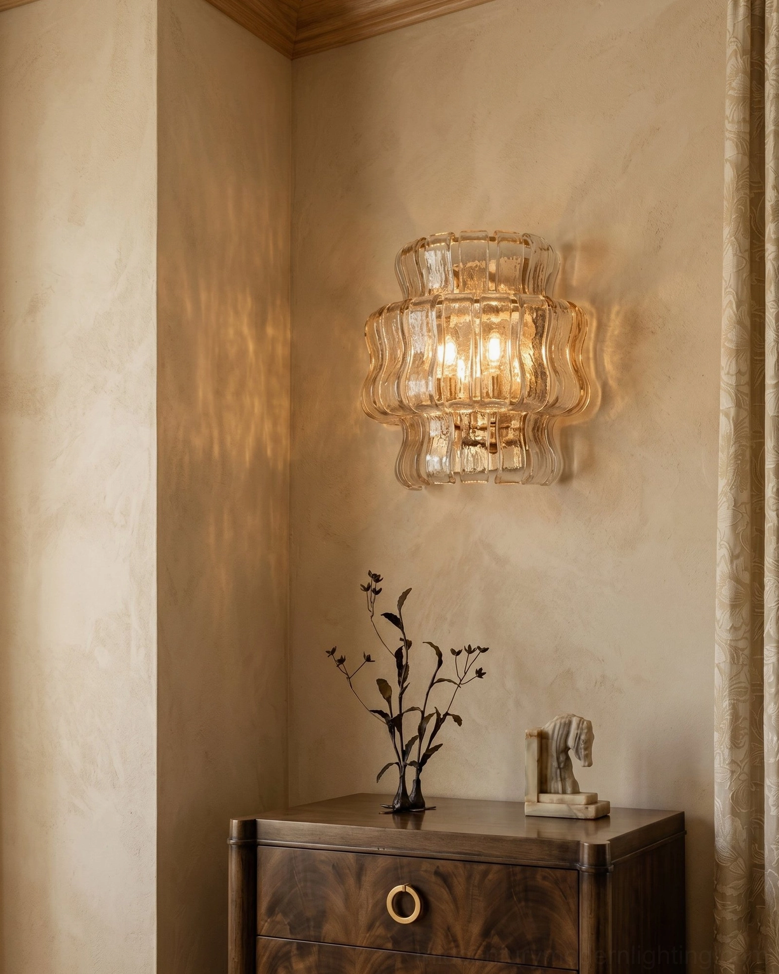 Albano ribbed glass sconce in wabi-sabi entryway with warm neutral walls and dark cabinet