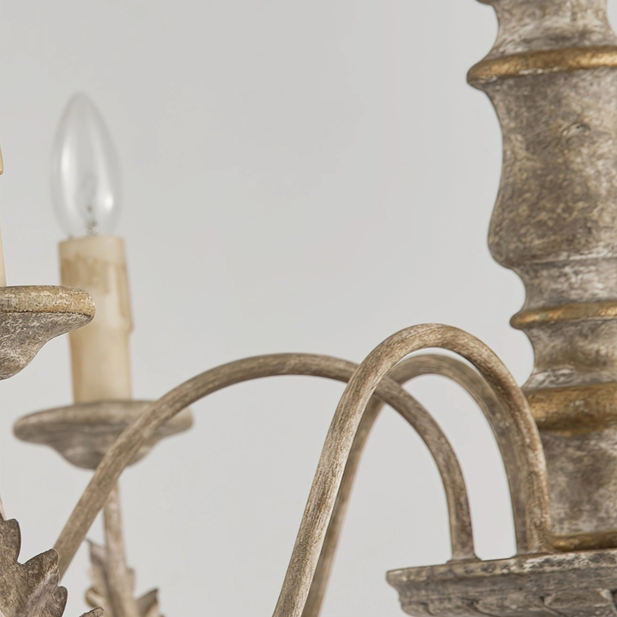 Alda chandelier lower arm section showing candle sleeves and LED bulb compatibility, close-up detail