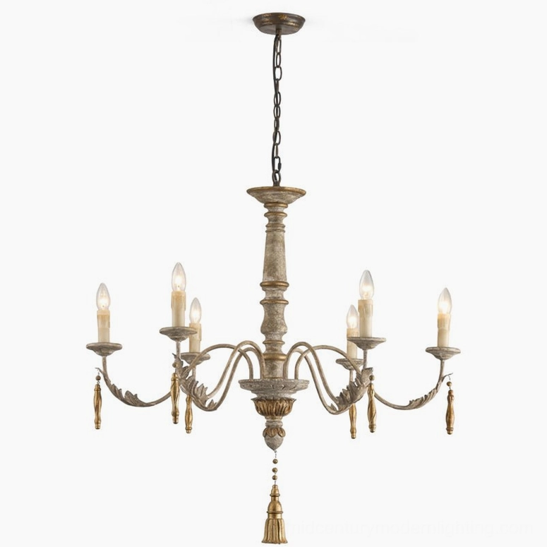 Alda 6-head chandelier classic French country rustic style, studio front view with all bulbs illuminated