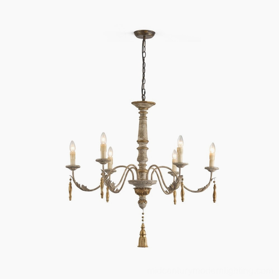 Alda 6-head vintage wooden chandelier with distressed grey finish and gold accents, front studio view