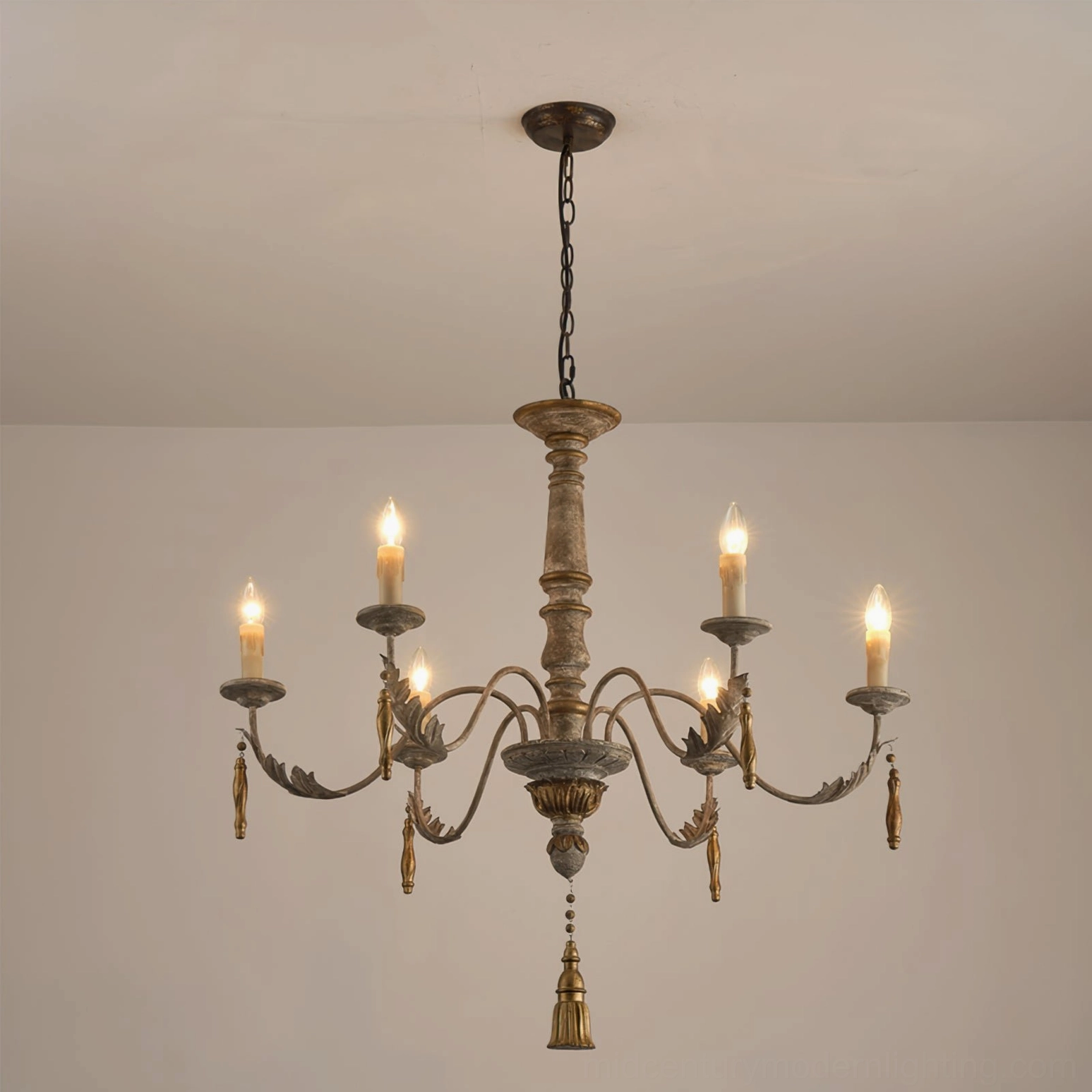Alda vintage wooden chandelier with warm distressed finish fully illuminated, cozy interior ambiance