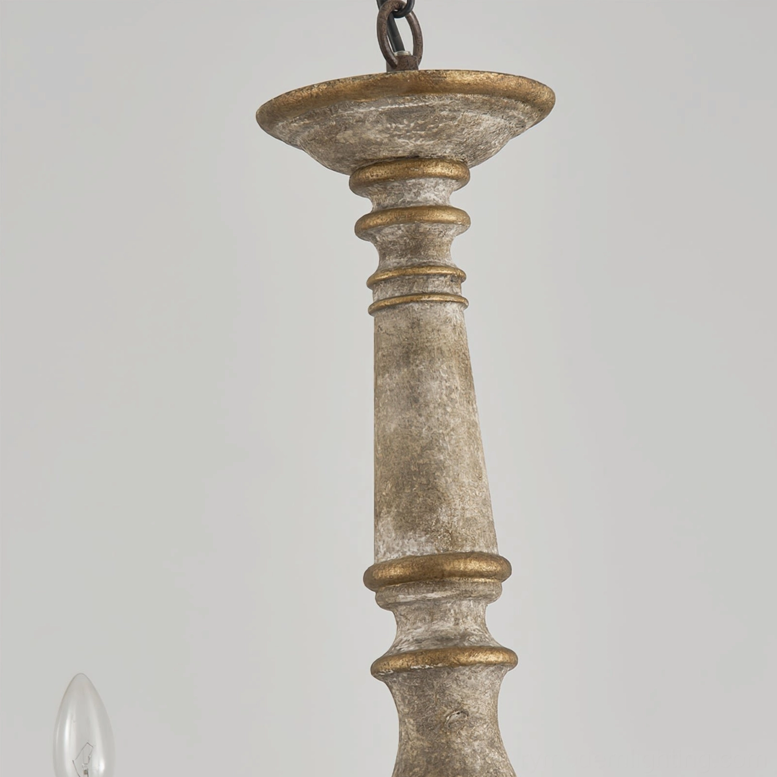 Alda chandelier central support pillar with turned wood design, distressed grey finish with gold trim
