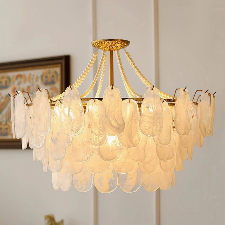 Five-layer frosted petal chandelier frontal view classic brass gold suspension design