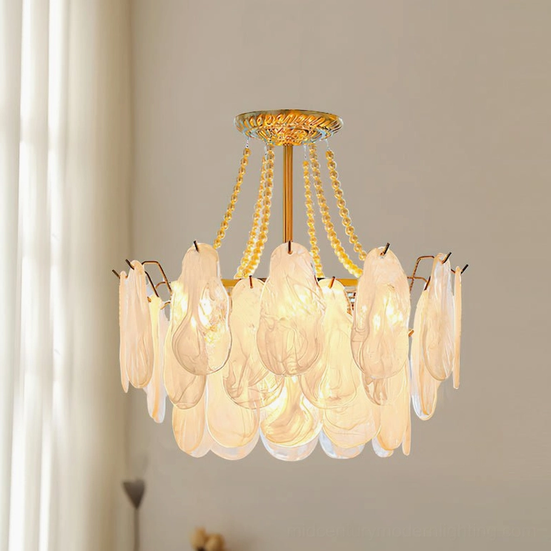 Simplified design frosted petal chandelier with brass metal suspension chains clean aesthetic