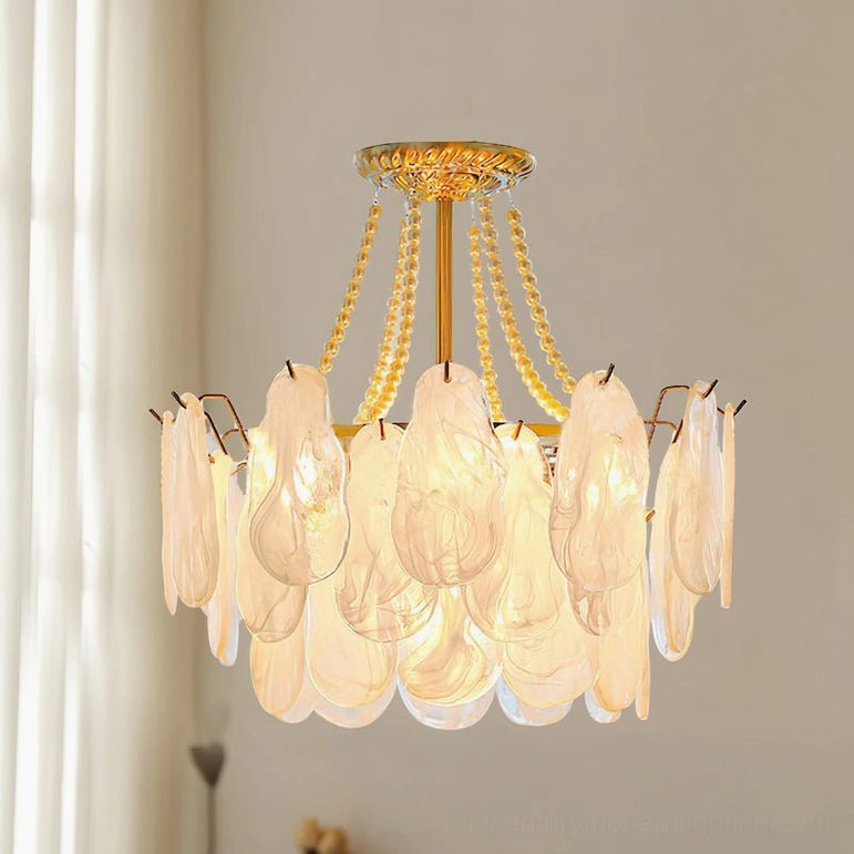 Two-layer frosted glass petal chandelier minimalist vintage style frontal view