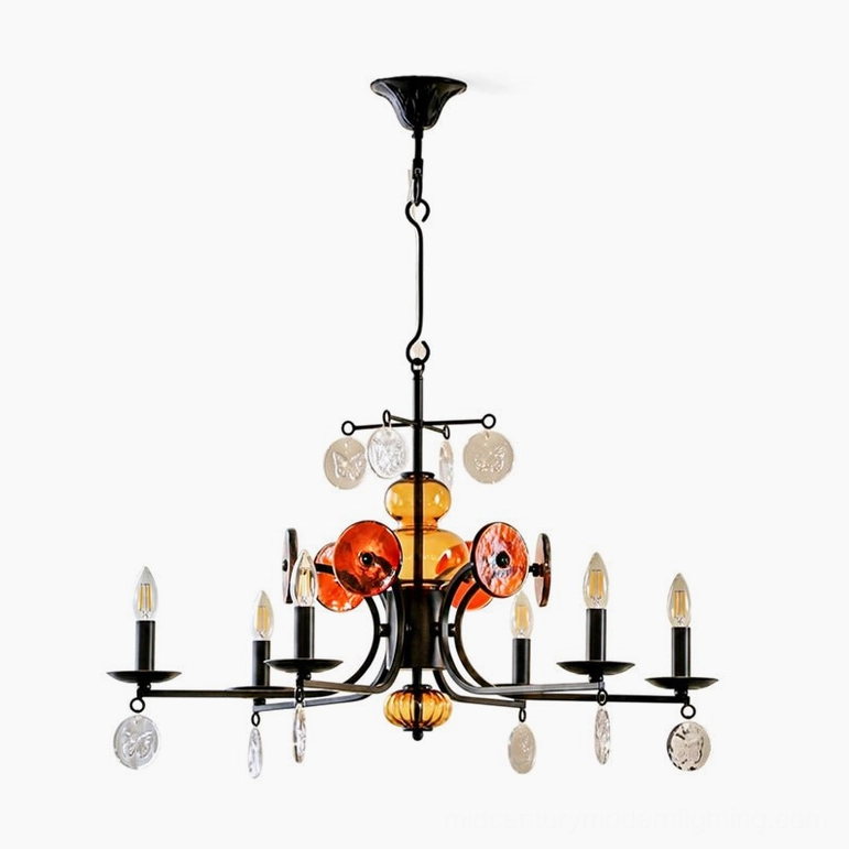 Alistair amber glass candle chandelier black and amber colorway six-light mid-century modern lighting