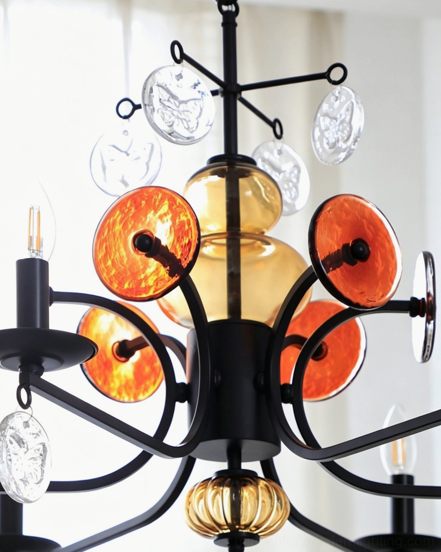 Front hanging view of Alistair glass chandelier with ceiling medallion and multiple candle-style arms
