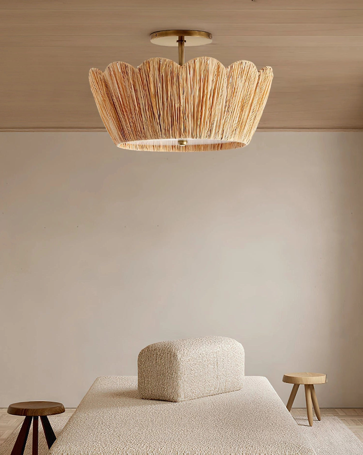 Alitzel scalloped ceiling fixture in minimalist lounge space with calm bohemian interior design