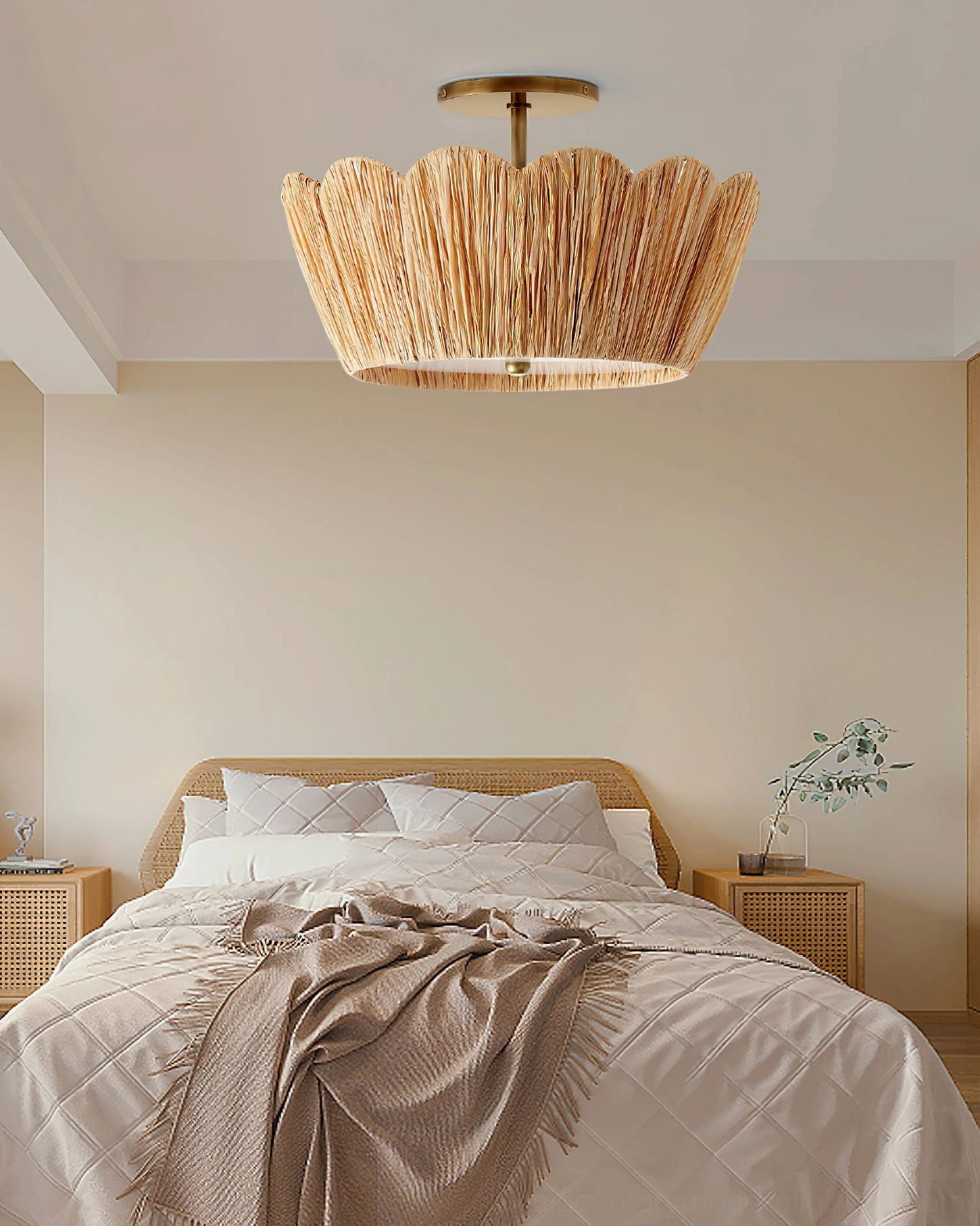 Alitzel scalloped ceiling light installed in modern bohemian bedroom overhead view with neutral decor