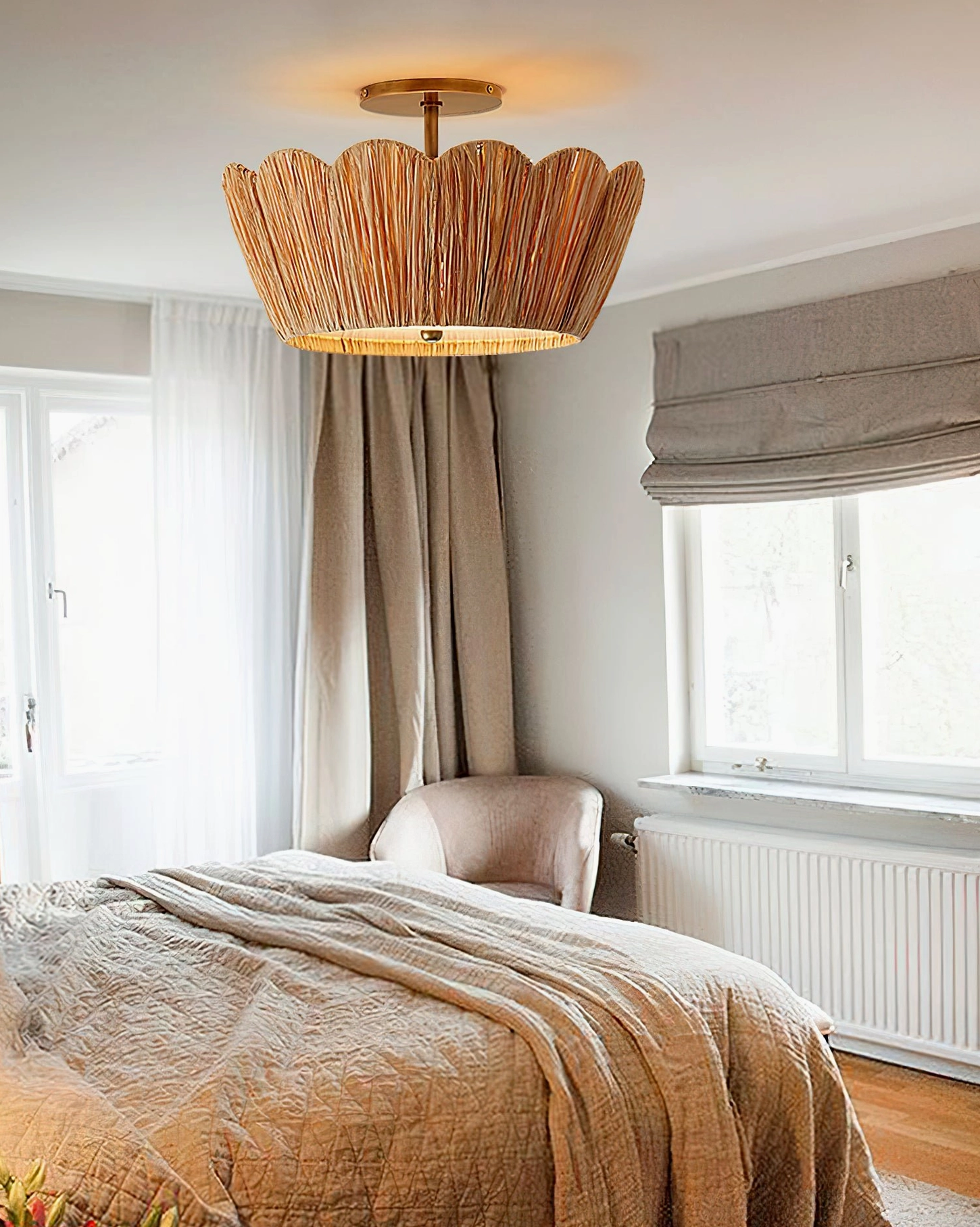 Alitzel raffia semi-flush light in cozy neutral bedroom with warm ambient glow and natural lighting