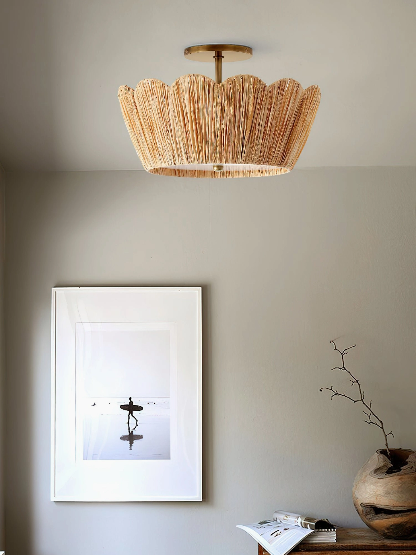 Alitzel semi-flush ceiling light in minimalist neutral wall nook, quiet boho minimalist decor