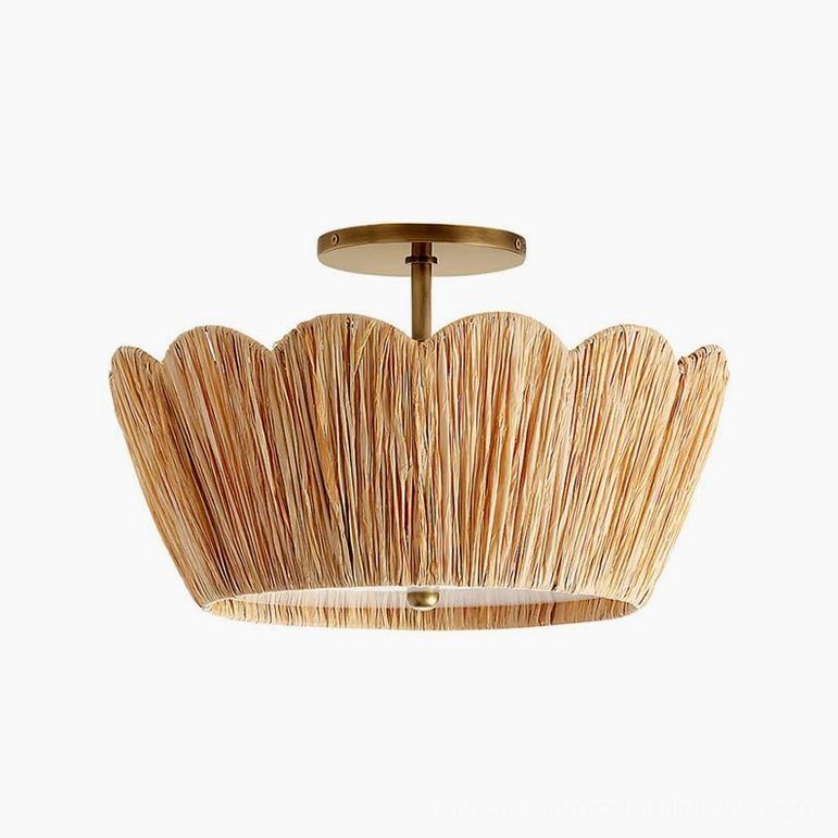 Alitzel scalloped semi-flush ceiling light three-quarter view with brass hardware and natural raffia design