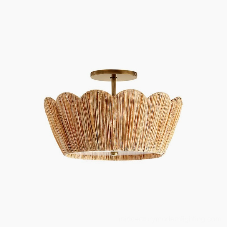 Alitzel small scalloped raffia ceiling light fixture with warm beige and gold finish on white background