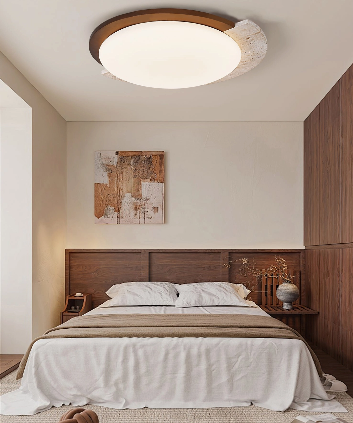 Asymmetrical ceiling lamp creating ambient light in cozy bedroom with wood bed frame and neutral linen bedding