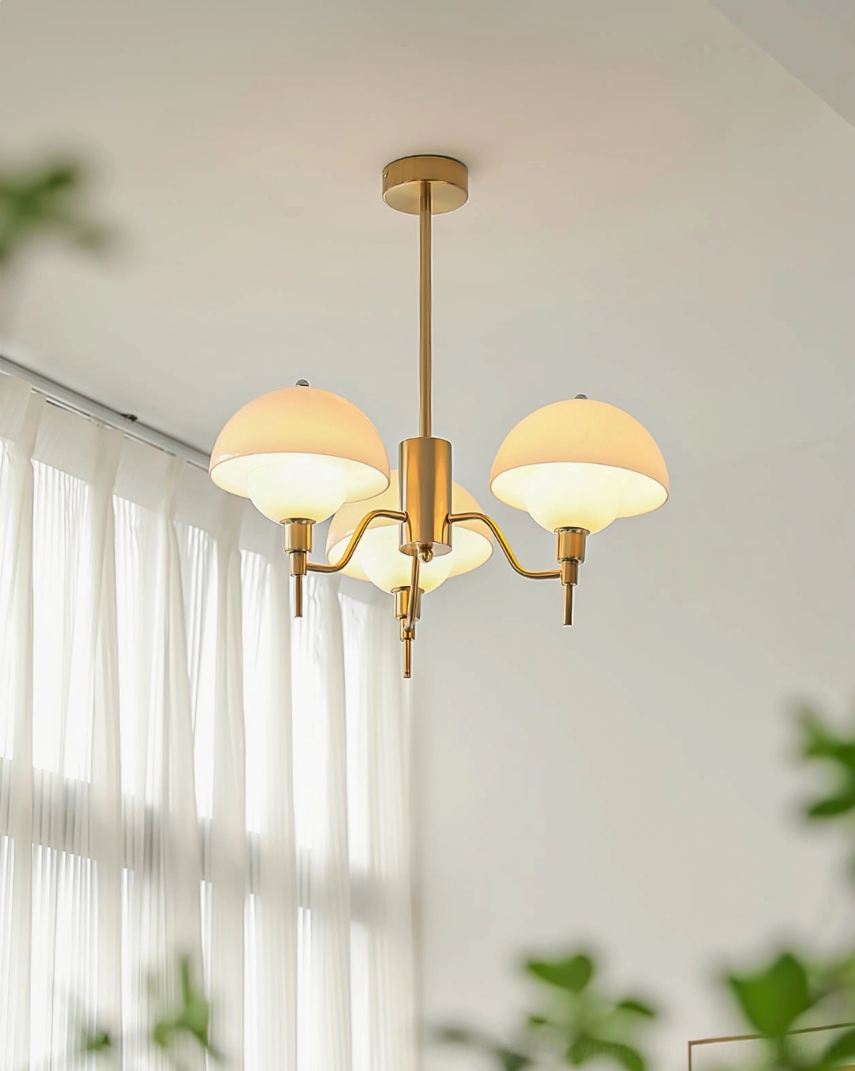 3-arm ceiling chandelier minimalist bright living room brass hardware milky white shades