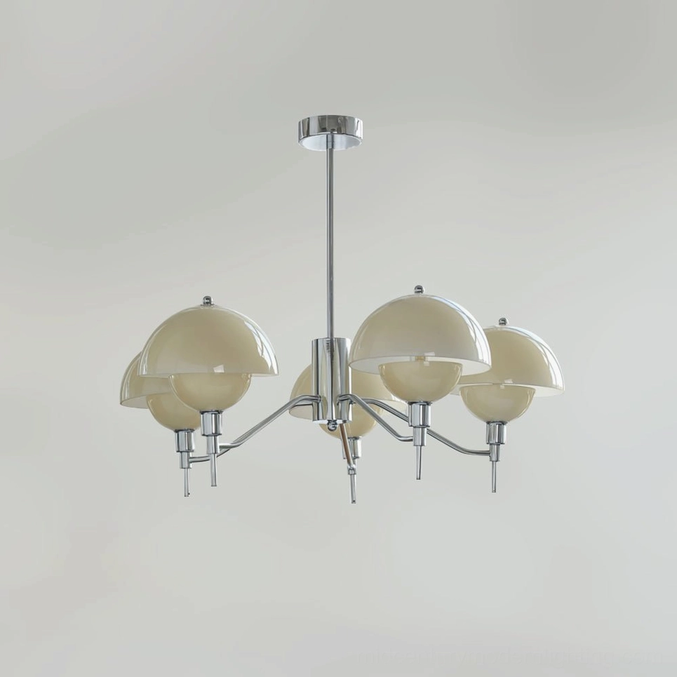 5-head Anchored Orb Chandelier chrome cream color ceramic shades hospitality design