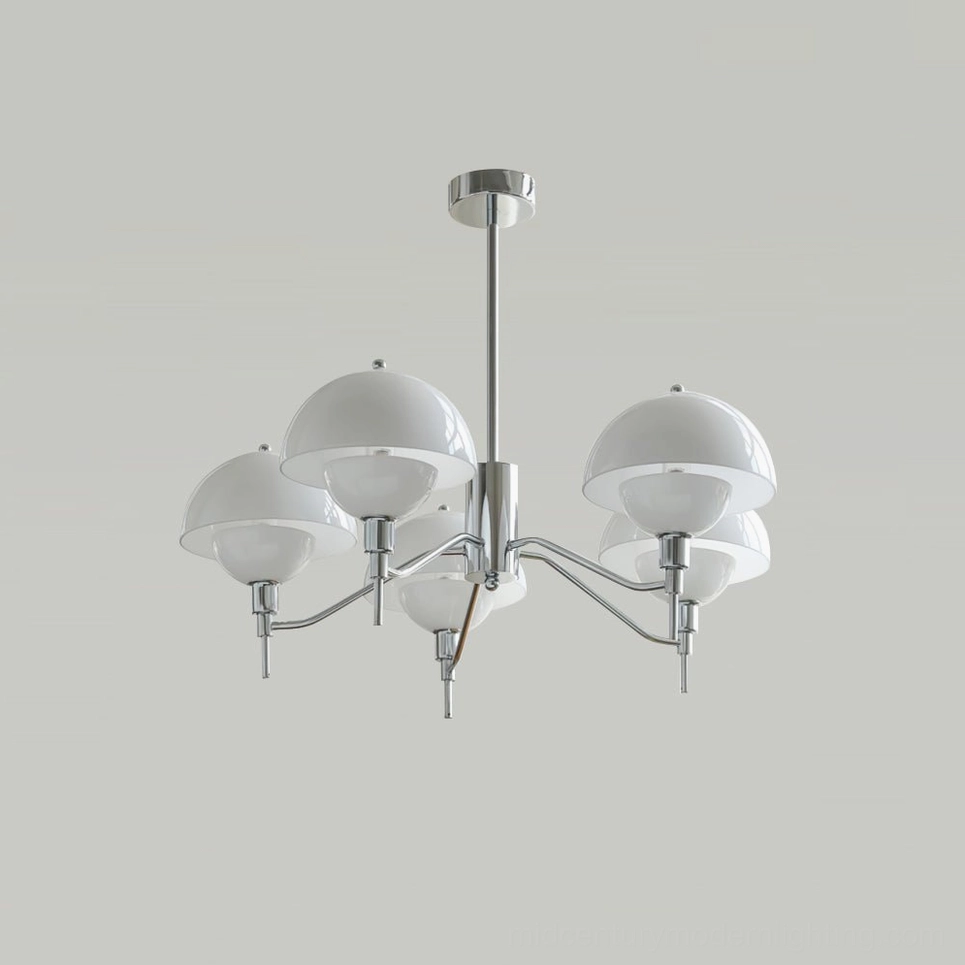 5-head Anchored Orb Chandelier chrome white ceramic shades medium ceiling light