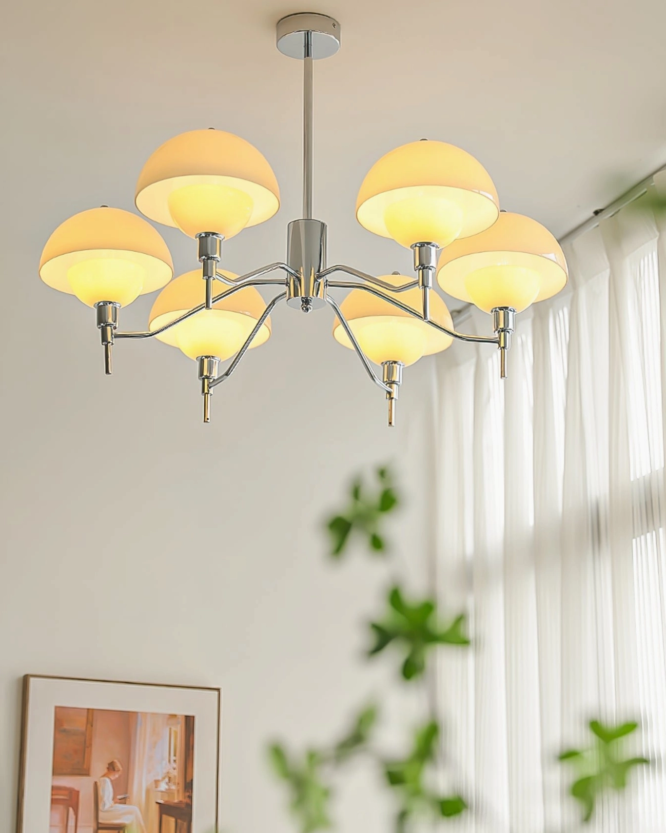 6-arm ceiling chandelier cozy home green plants chrome frame warm glowing shades