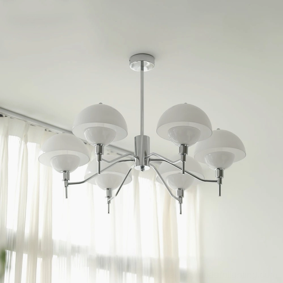 6-head Anchored Orb Chandelier chrome white ceramic shades mid-size pendant light