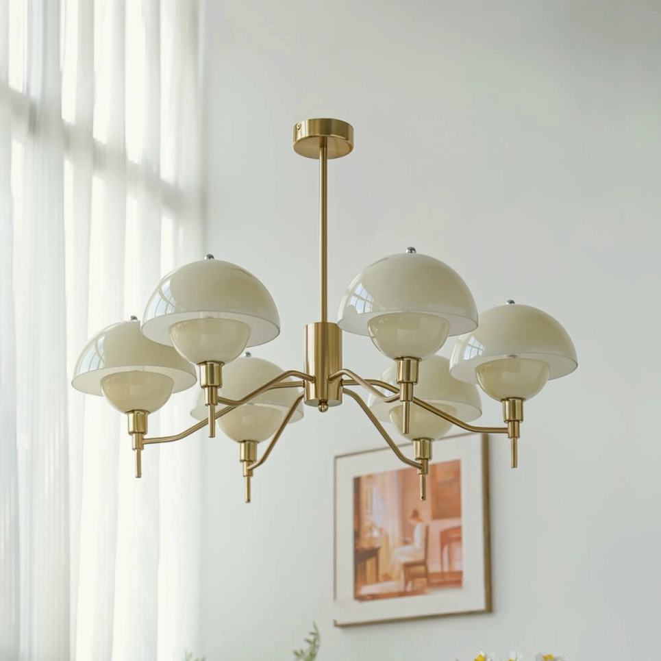 6-head Anchored Orb Chandelier gold finish cream ceramic shades warm ambient