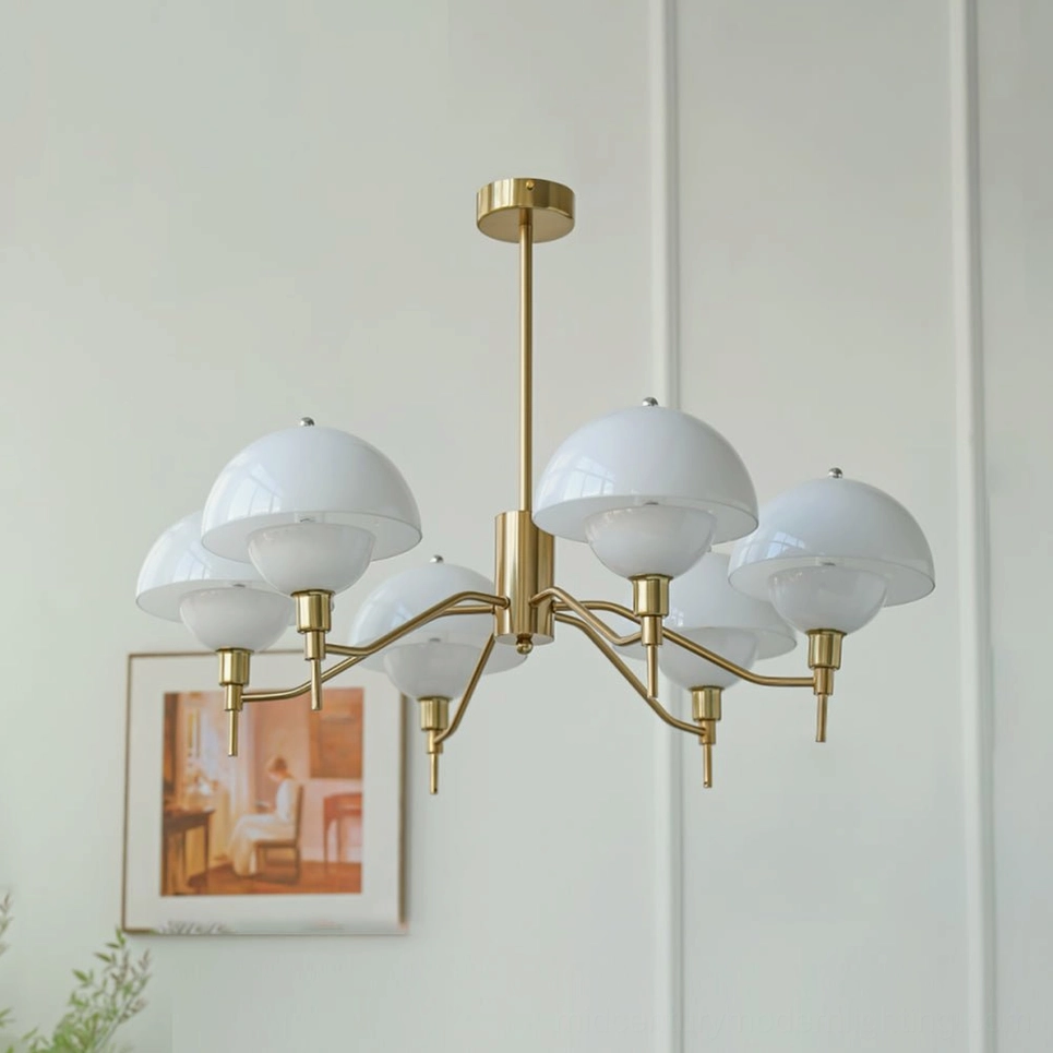 6-head Anchored Orb Chandelier gold finish white ceramic shades dining room