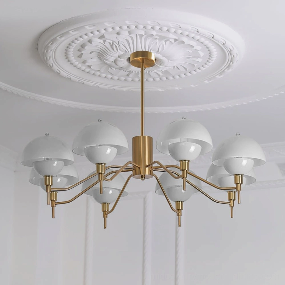 8-head Anchored Orb Chandelier gold finish white ceramic shades elegant foyer