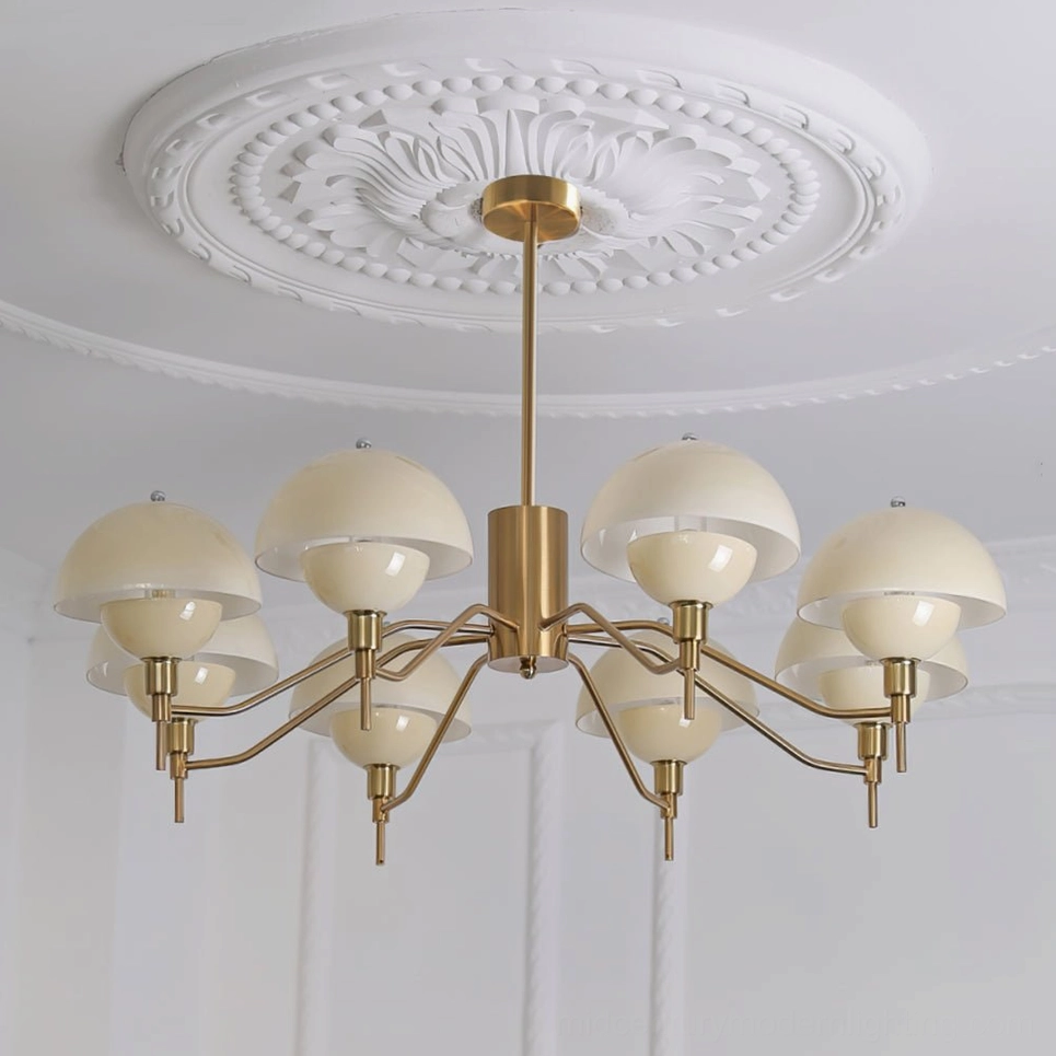 Vintage ceiling chandelier with brass frame and double-layer milk glass shades home interior