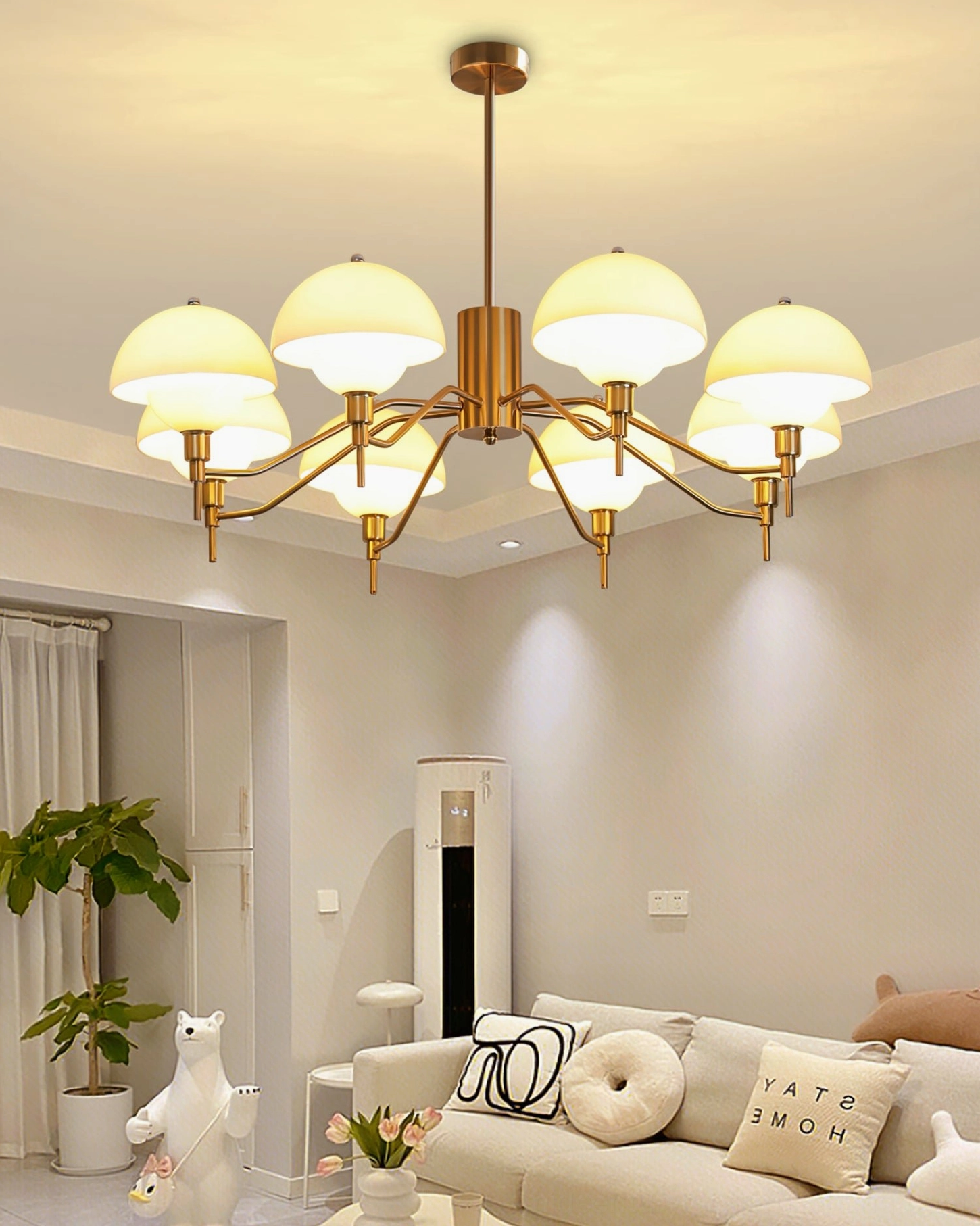 Multi-head glass globe chandelier installation detail architectural lighting element