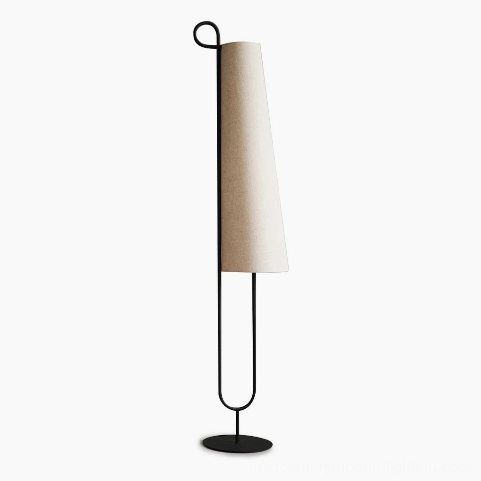 Ancora minimalist floor lamp with black metal frame and beige linen shade on white background, front view