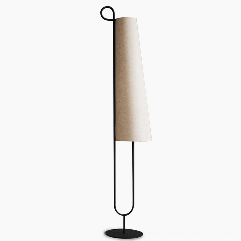 Ancora floor lamp complete product shot showing full height 150cm black metal frame with linen shade and cord