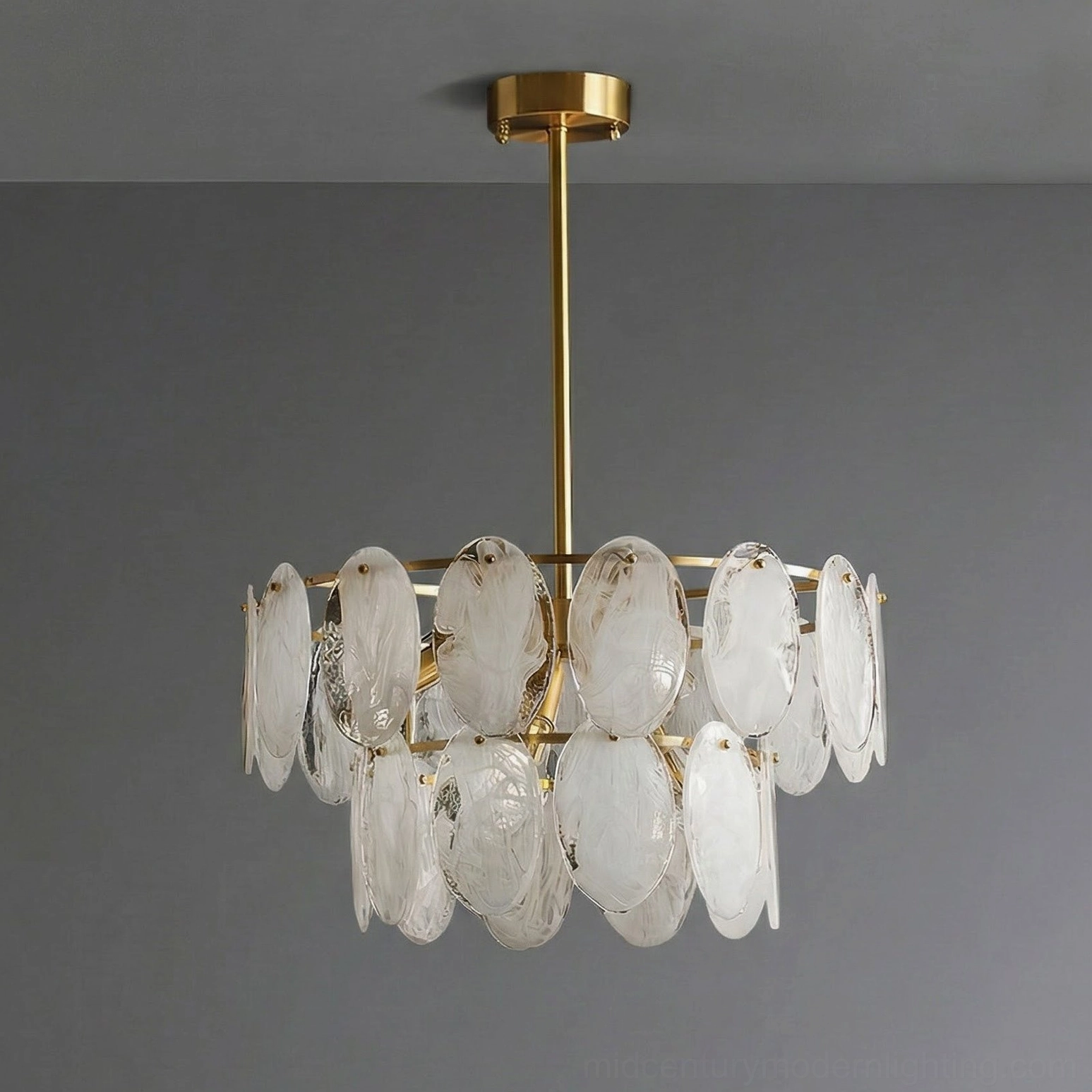 Frosted glass oval pendant chandelier low-angle hanging view clear glass petals brass framework