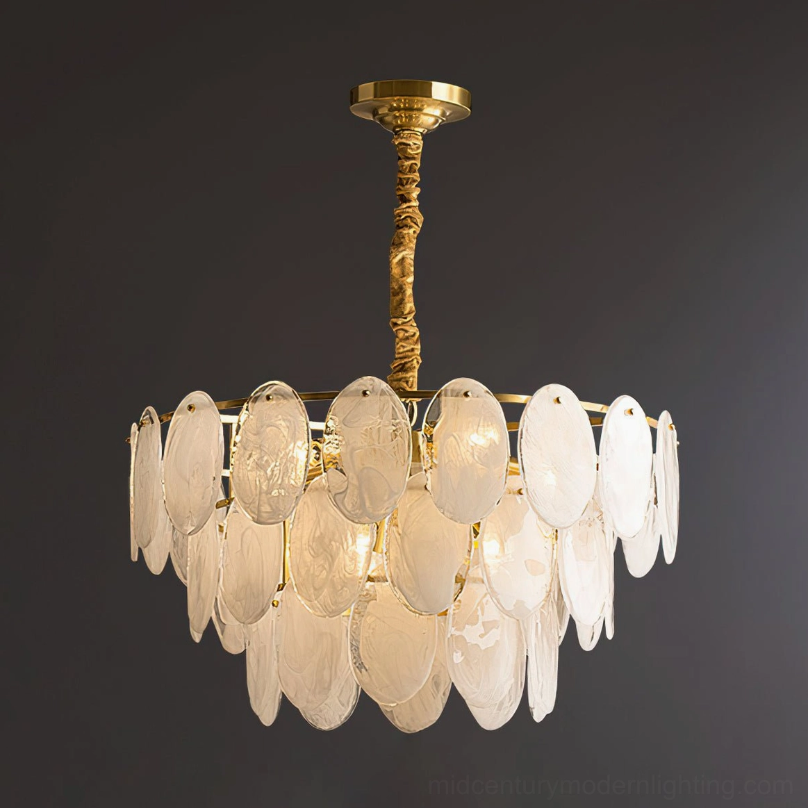 Mid-century modern glass chandelier twisted brass rod warm amber glass petals overhead view