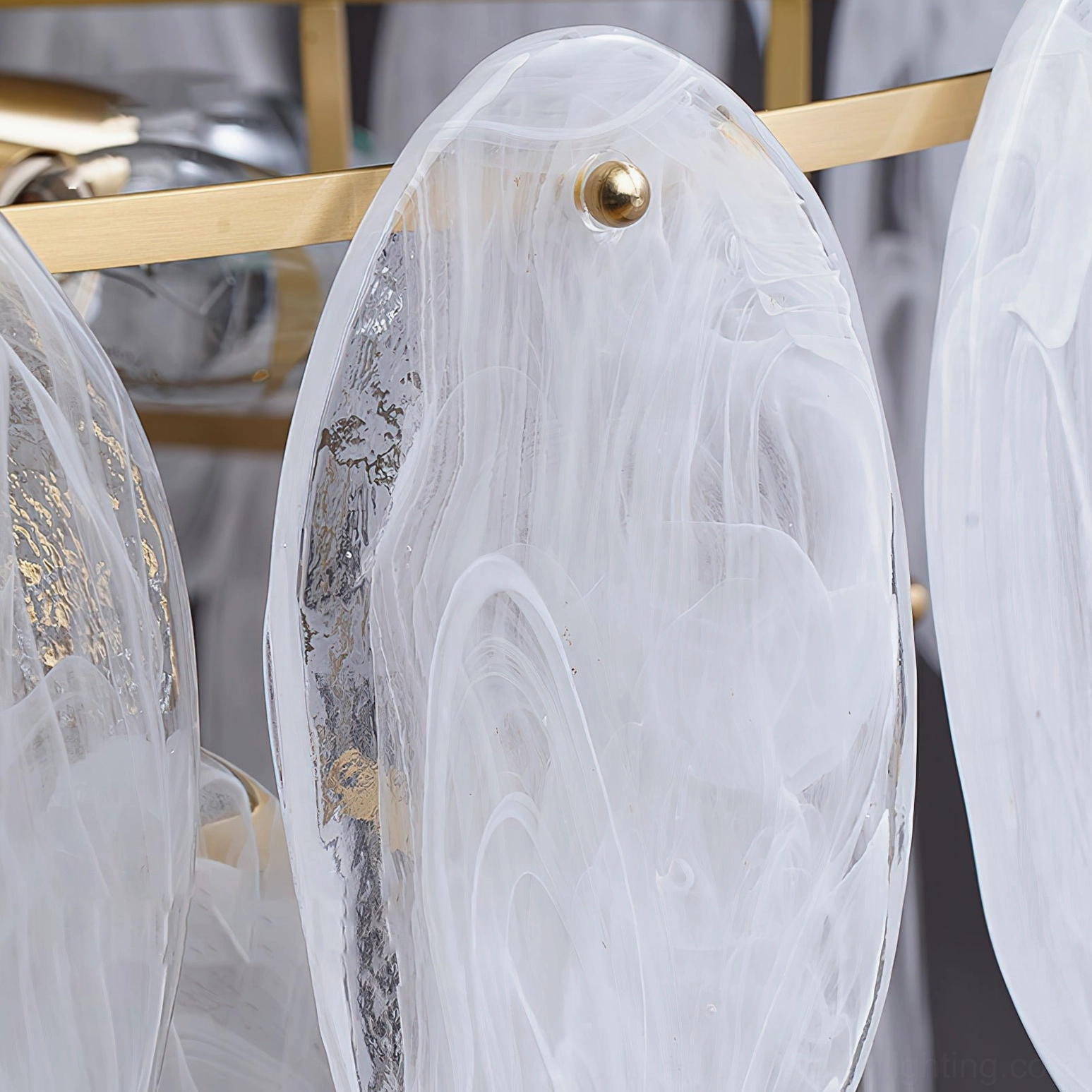Glass chandelier petal close-up detail marbled translucent frosted glass brass mounting hardware macro