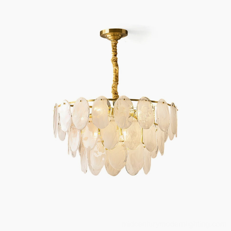 Andante glass chandelier tiered pendant light front overhead studio view polished brass frosted glass petals