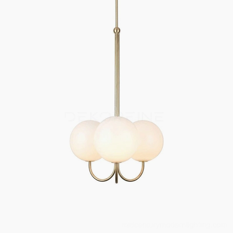 3-head angle mid-century modern chandelier showing complete brass frame and frosted globe cluster