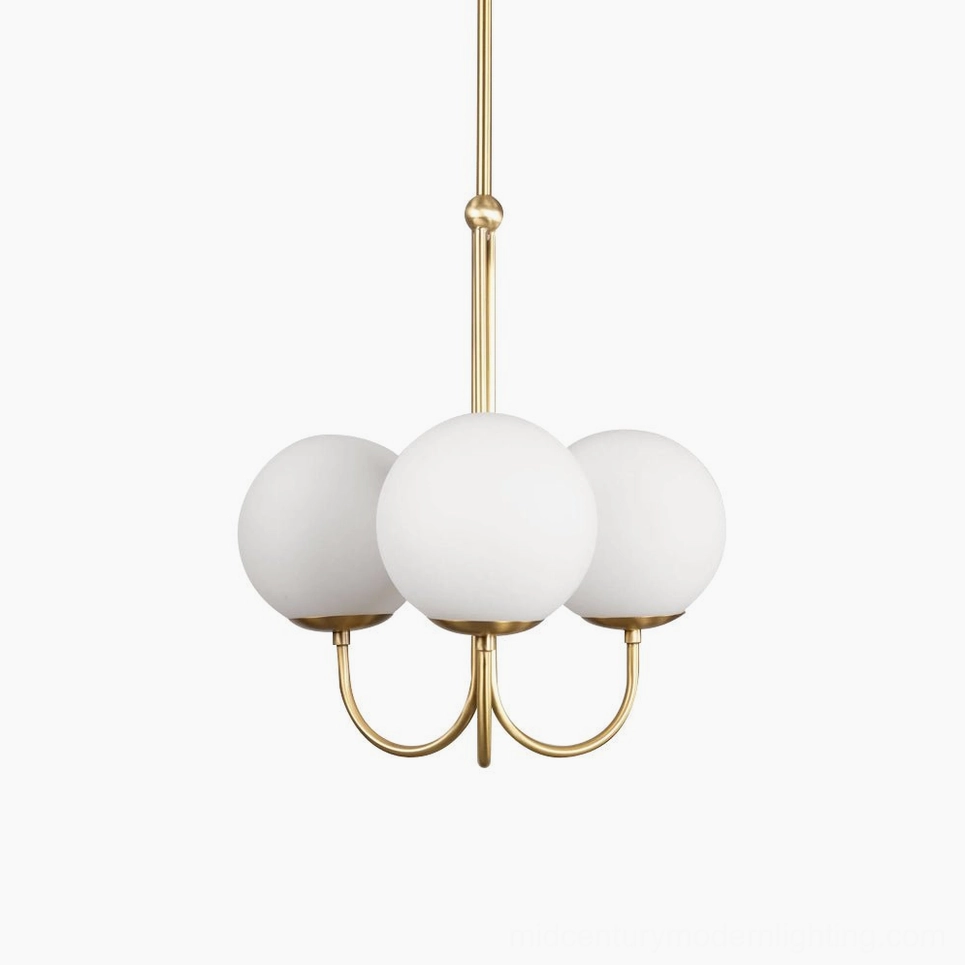 Angle globe chandelier detail showing polished brass suspension and frosted glass sphere craftsmanship